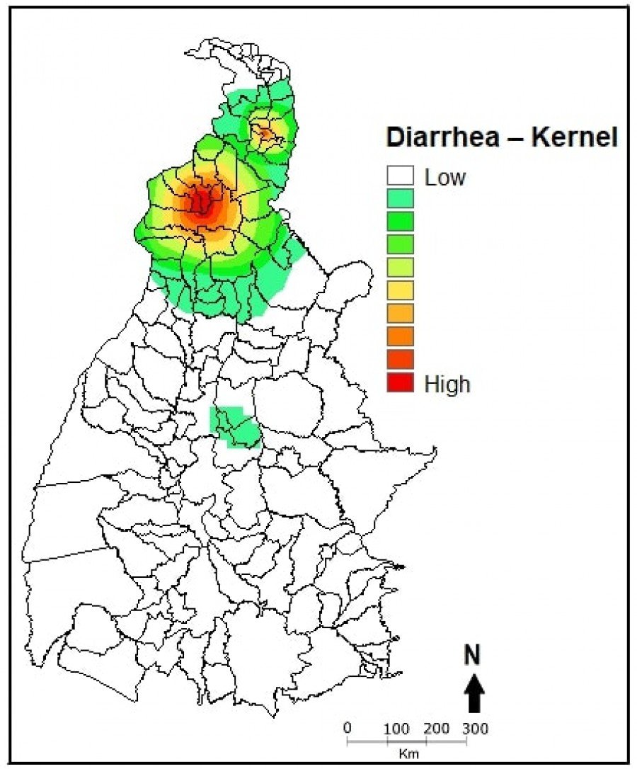 Mapa da anÃ¡lise de Kernel sobre a densidade de internaÃ§Ã£o de crianÃ§as de zero a quatro anos, entre 2008 a 2013, Tocantins, Brasil