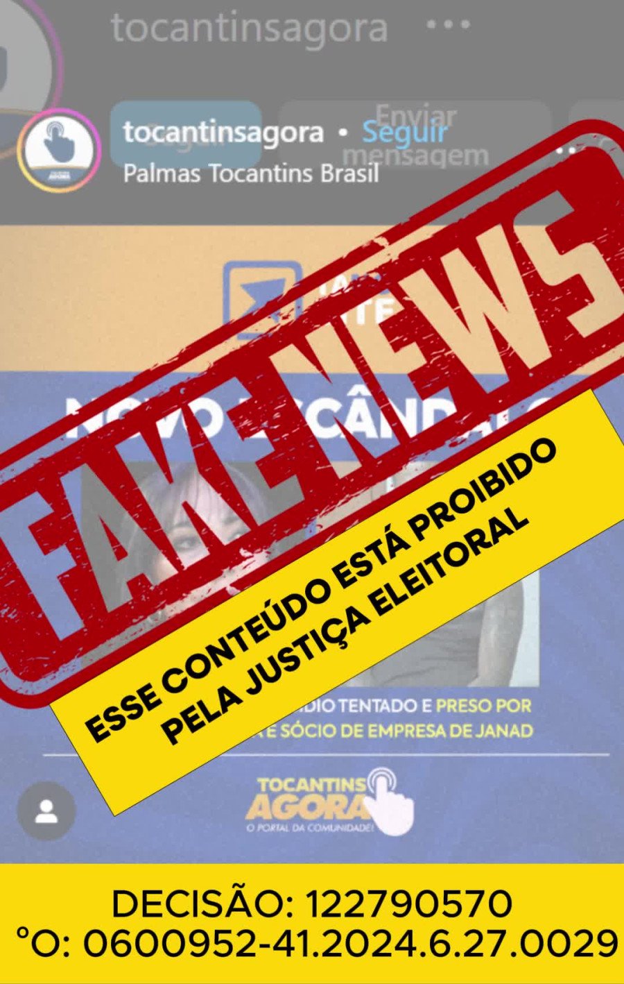 Justiça determina mais uma vez que site Tocantins Agora exclua Fake News contra Janad (Foto: Divulgação)