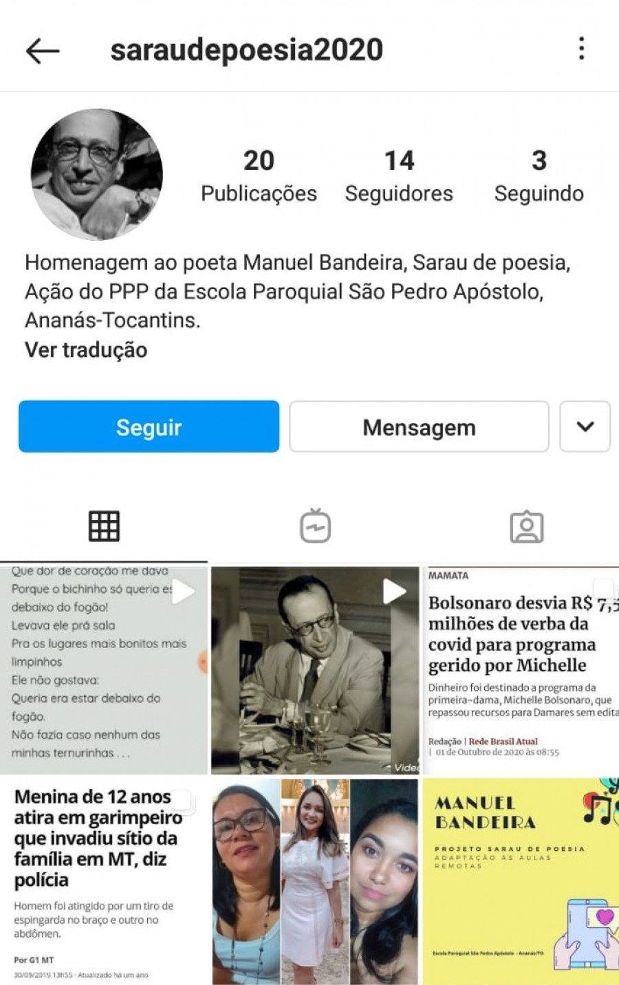 Em Ananás, Escola Paroquial São Pedro realiza Sarau de Poesia on-line