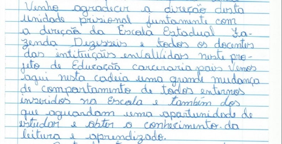 Carta de um monitor PPL que alfabetiza outros custodiados (Foto: Divulgação/Seciju)