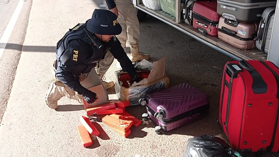 PRF encontrou cerca de 30kg de drogas dentro do bagageiro de ônibus na BR-153 em Guaraí (Foto: Divulgação/PRF)