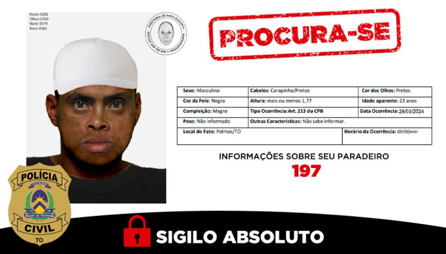 Retrato falado foi produzido de acordo com relatos fornecidos pela vítima (Foto: Divulgação/SSP-TO)