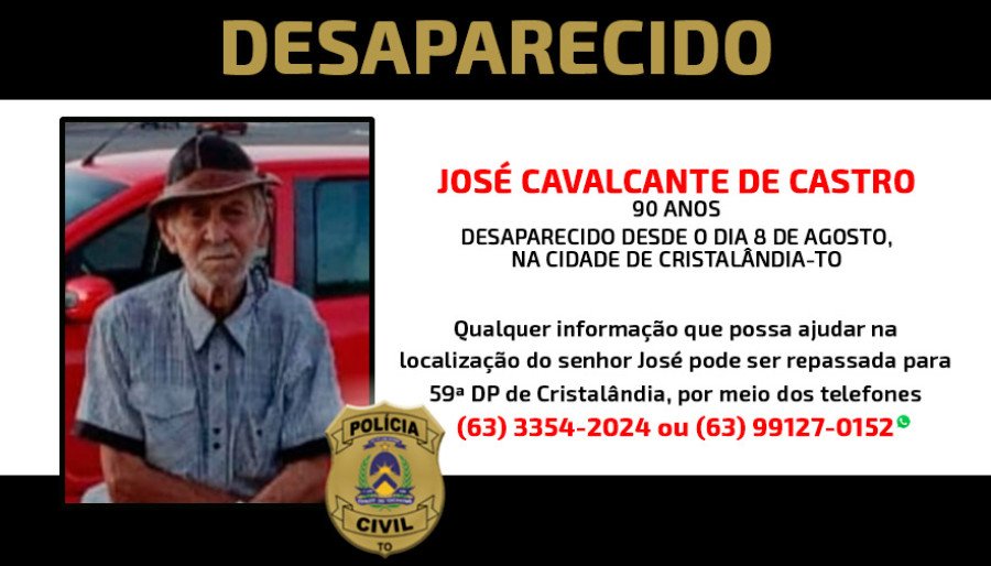 Quem souber informações sobre o paradeiro do senhor José, pode acionar a Polícia Civil pelos telefones (63) 3354-2024 ou (63) 9127-0152