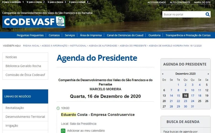 Reunião de Eduardo Costa, da empresa Construservice, consta na agenda oficial do presidente da Codevasf, Marcelo Moreira (Foto: Reprodução)