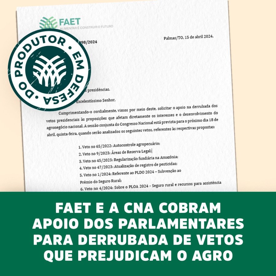 FAET e a CNA cobram apoio dos parlamentares para derrubada de vetos que prejudicam o Agro (Foto: Divulgação)