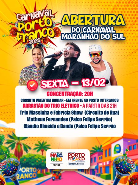 PORTO FRANCO: Carnaval começa nesta sexta com Matheus Fernandes, Fabrícia Show e trio elétrico nas ruas
