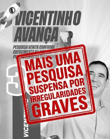 Eleições 2026 no Tocantins: Justiça anula pesquisa divulgada por Vicentinho por irregularidades graves